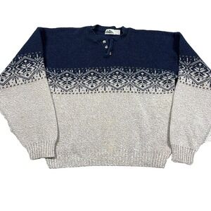 Vintage Grandpa Sweater Men Large Tan Blue Geometric Nordic Henley Crewneck Rib